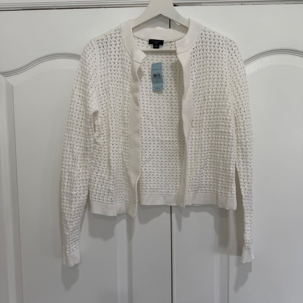 Ann Taylor Womens Open Front White Crochet Knit Cardigan Petite Size SP